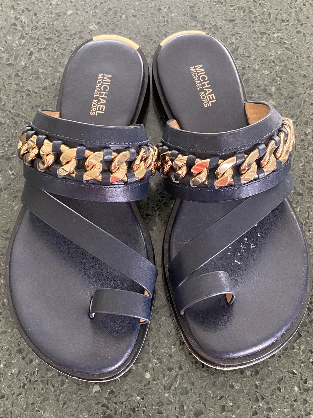 Michael Kors Sz 6 Black Slide Sandals with Gold Chain Accent